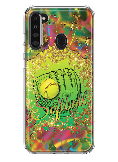 Samsung Galaxy A21 Love Softball Girls Glove Green Tie Dye Swirl Paint Hybrid Protective Phone Case Cover