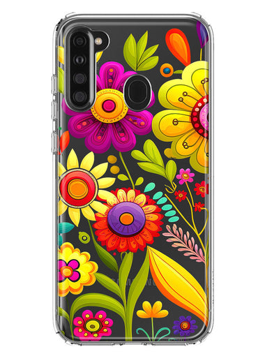 Samsung Galaxy A21 Colorful Yellow Pink Folk Style Floral Vibrant Spring Flowers Hybrid Protective Phone Case Cover