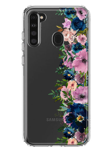 Samsung Galaxy A21 Navy Blue Summer Watercolor Floral Classic Purple Flowers Hybrid Protective Phone Case Cover
