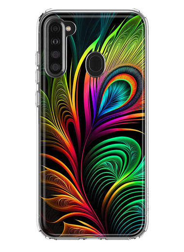 Samsung Galaxy A21 Neon Rainbow Glow Peacock Feather Hybrid Protective Phone Case Cover