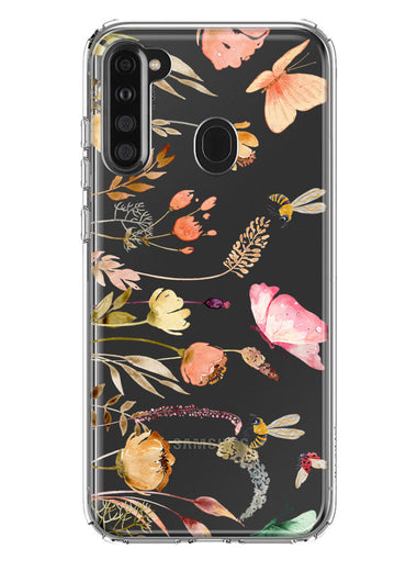 Samsung Galaxy A21 Peach Meadow Wildflowers Butterflies Bees Watercolor Floral Hybrid Protective Phone Case Cover