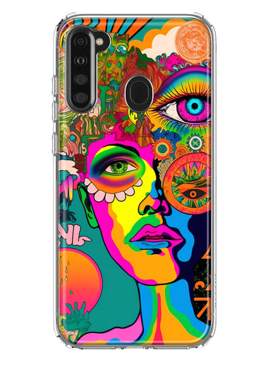 Samsung Galaxy A21 Neon Rainbow Psychedelic Hippie One Eye Pop Art Hybrid Protective Phone Case Cover