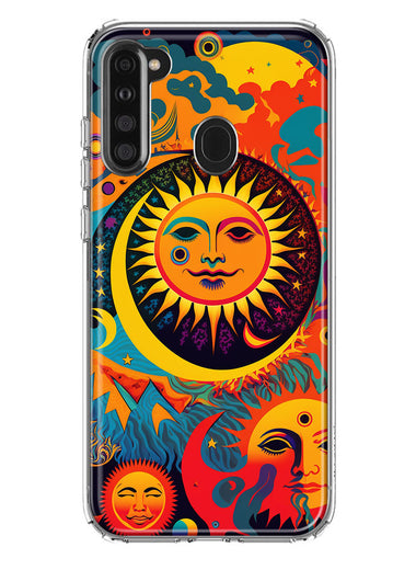 Samsung Galaxy A21 Neon Rainbow Psychedelic Indie Hippie Sun Moon Hybrid Protective Phone Case Cover
