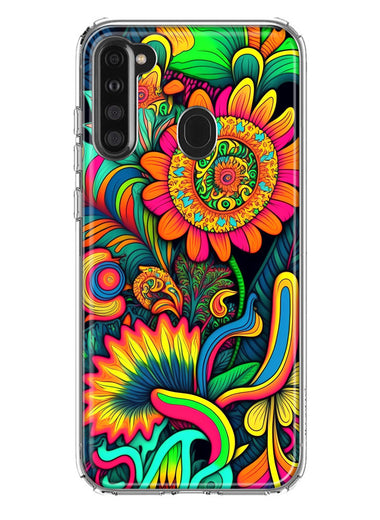 Samsung Galaxy A21 Neon Rainbow Psychedelic Indie Hippie Sunflowers Hybrid Protective Phone Case Cover