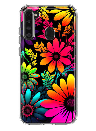 Samsung Galaxy A21 Neon Rainbow Glow Colorful Abstract Flowers Floral Hybrid Protective Phone Case Cover