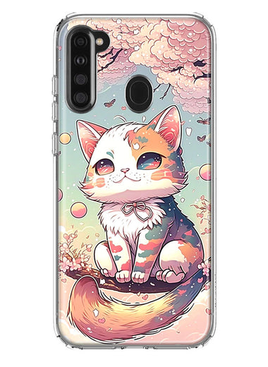 Samsung Galaxy A21 Kawaii Manga Pink Cherry Blossom Cute Cat Hybrid Protective Phone Case Cover