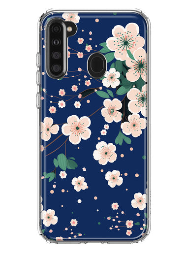 Samsung Galaxy A21 Kawaii Japanese Pink Cherry Blossom Navy Blue Hybrid Protective Phone Case Cover