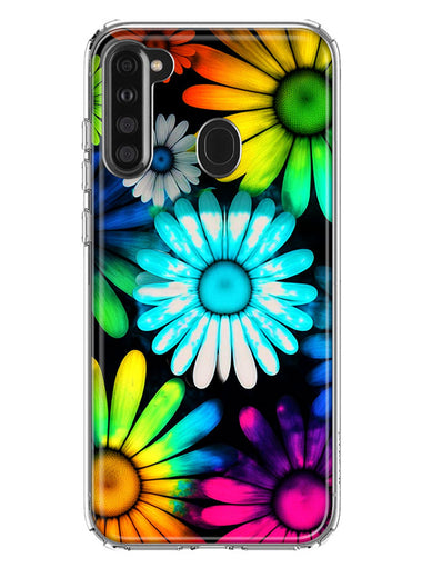 Samsung Galaxy A21 Neon Rainbow Daisy Glow Colorful Daisies Baby Blue Pink Yellow White Double Layer Phone Case Cover