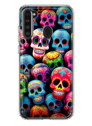 Samsung Galaxy A21 Halloween Spooky Colorful Day of the Dead Skulls Hybrid Protective Phone Case Cover