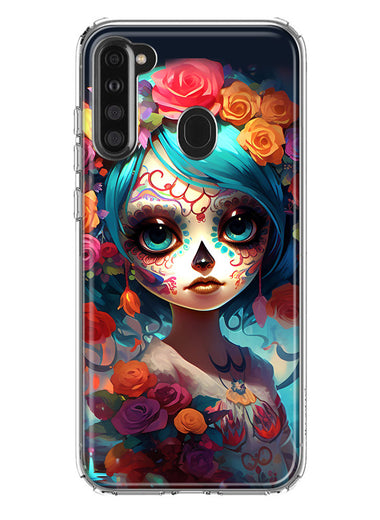 Samsung Galaxy A21 Halloween Spooky Colorful Day of the Dead Skull Girl Hybrid Protective Phone Case Cover