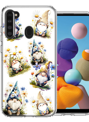 Samsung Galaxy A21 Cute White Blue Daisies Gnomes Hybrid Protective Phone Case Cover