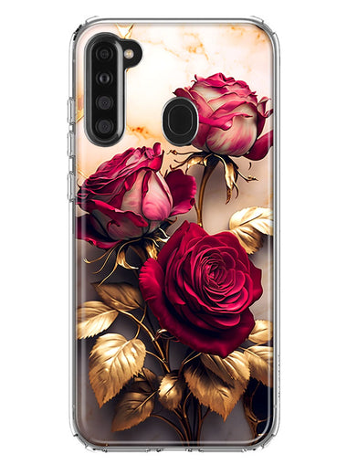 Samsung Galaxy A21 Romantic Elegant Gold Marble Red Roses Double Layer Phone Case Cover