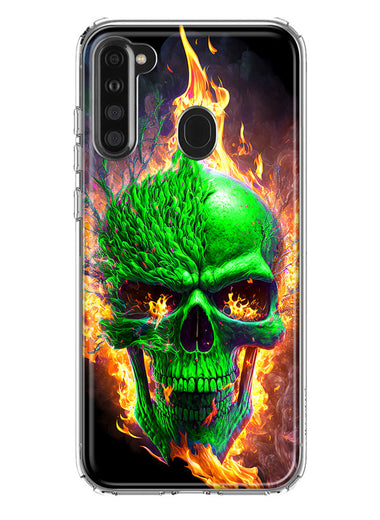 Samsung Galaxy A21 Green Flaming Skull Burning Fire Double Layer Phone Case Cover