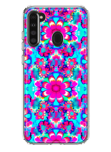 Samsung Galaxy A21 Pink Blue Vintage Hippie Tie Dye Flowers Hybrid Protective Phone Case Cover