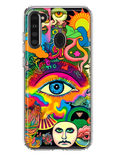 Samsung Galaxy A21 Neon Rainbow Psychedelic Trippy Hippie Multiple Eyes Hybrid Protective Phone Case Cover