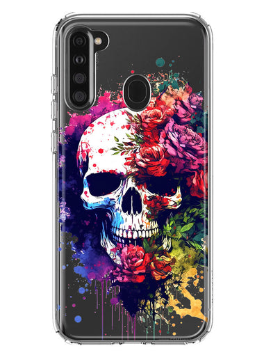 Samsung Galaxy A21 Fantasy Skull Red Purple Roses Hybrid Protective Phone Case Cover