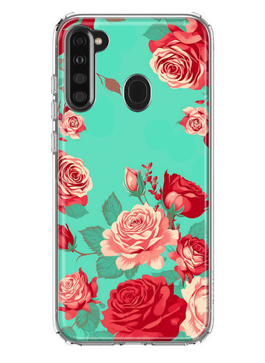 Samsung Galaxy A21 Turquoise Teal Vintage Pastel Pink Red Roses Double Layer Phone Case Cover