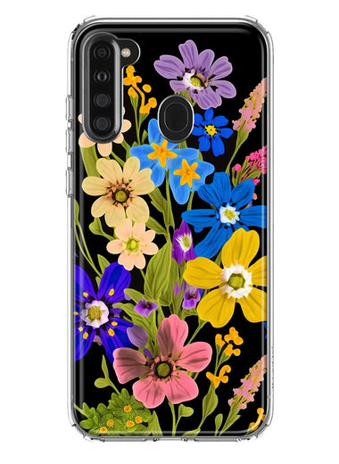 Samsung Galaxy A21 Blue Yellow Vintage Spring Wild Flowers Floral Hybrid Protective Phone Case Cover