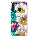 Samsung Galaxy A21 Colorful Crystal White Daisies Rainbow Gems Teal Double Layer Phone Case Cover