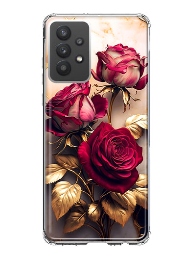 Samsung Galaxy A32 Romantic Elegant Gold Marble Red Roses Double Layer Phone Case Cover