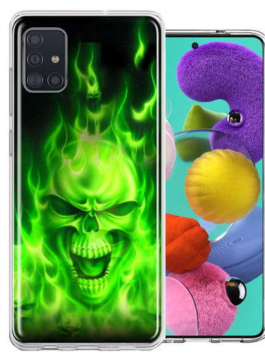 Samsung Galaxy A51 Green Flaming Skull Design Double Layer Phone Case Cover