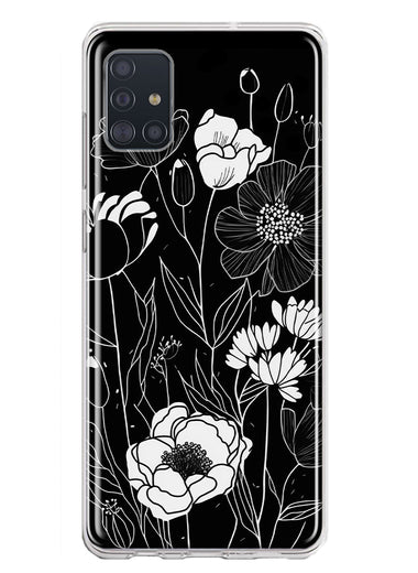 Samsung Galaxy A51 Line Drawing Art White Floral Flowers Hybrid Protective Phone Case Cover