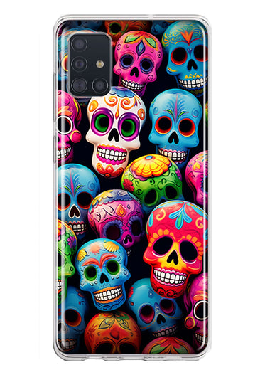 Samsung Galaxy A51 5G Halloween Spooky Colorful Day of the Dead Skulls Hybrid Protective Phone Case Cover