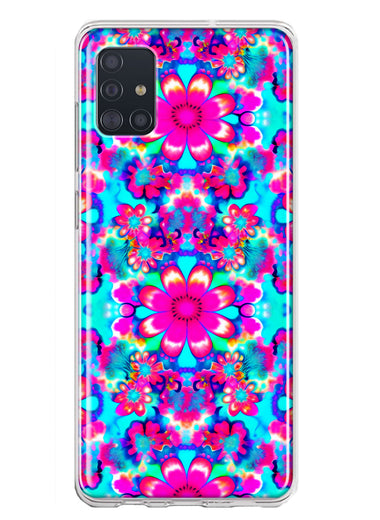 Samsung Galaxy A51 Pink Blue Vintage Hippie Tie Dye Flowers Hybrid Protective Phone Case Cover