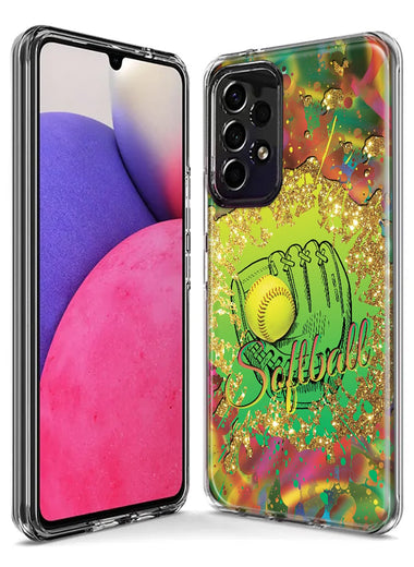 Samsung Galaxy A14 Love Softball Girls Glove Green Tie Dye Swirl Paint Hybrid Protective Phone Case Cover