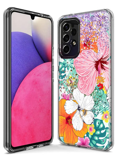Samsung Galaxy J3 J337 Hawaiian Vibes Hibiscus Flowers Monstera Vacation Summer Hybrid Protective Phone Case Cover