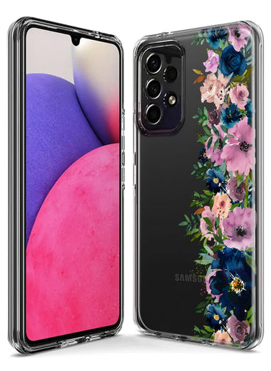 Samsung Galaxy A14 Navy Blue Summer Watercolor Floral Classic Purple Flowers Hybrid Protective Phone Case Cover