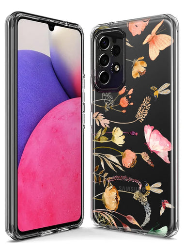 Samsung Galaxy A14 Peach Meadow Wildflowers Butterflies Bees Watercolor Floral Hybrid Protective Phone Case Cover