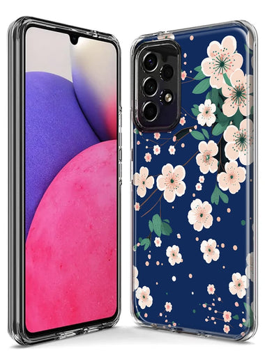 Samsung Galaxy A14 Kawaii Japanese Pink Cherry Blossom Navy Blue Hybrid Protective Phone Case Cover