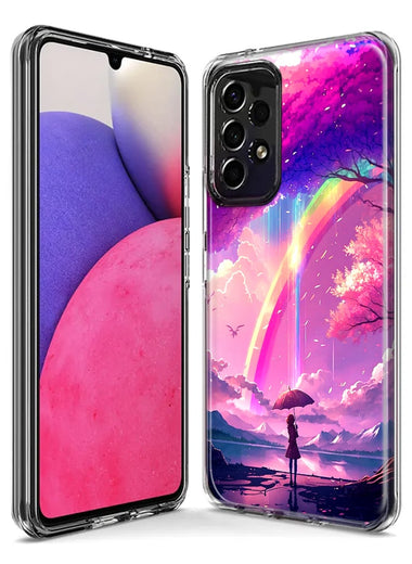 Samsung Galaxy A54 Kawaii Manga Pink Cherry Blossom Japanese Rainbow Girl Hybrid Protective Phone Case Cover
