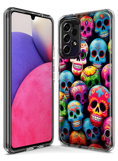 Samsung Galaxy A14 Halloween Spooky Colorful Day of the Dead Skulls Hybrid Protective Phone Case Cover