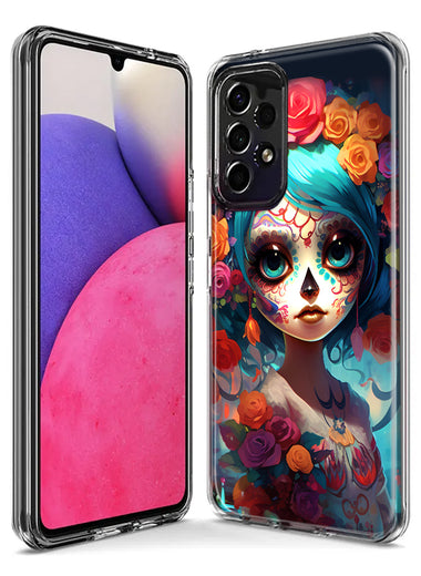 Samsung Galaxy A54 Halloween Spooky Colorful Day of the Dead Skull Girl Hybrid Protective Phone Case Cover