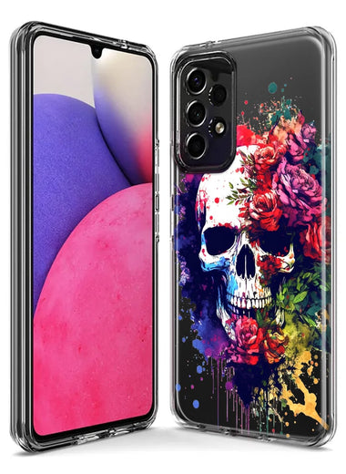 Samsung Galaxy A14 Fantasy Skull Red Purple Roses Hybrid Protective Phone Case Cover