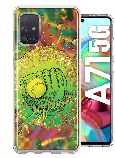 Samsung Galaxy A71 5G Love Softball Girls Glove Green Tie Dye Swirl Paint Hybrid Protective Phone Case Cover