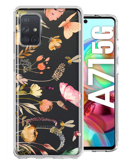 Samsung Galaxy A71 5G Peach Meadow Wildflowers Butterflies Bees Watercolor Floral Hybrid Protective Phone Case Cover