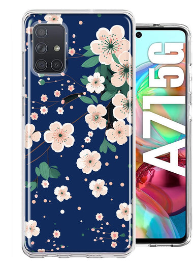 Samsung Galaxy A71 5G Kawaii Japanese Pink Cherry Blossom Navy Blue Hybrid Protective Phone Case Cover