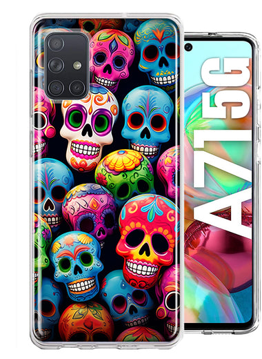 Samsung Galaxy A71 4G Halloween Spooky Colorful Day of the Dead Skulls Hybrid Protective Phone Case Cover