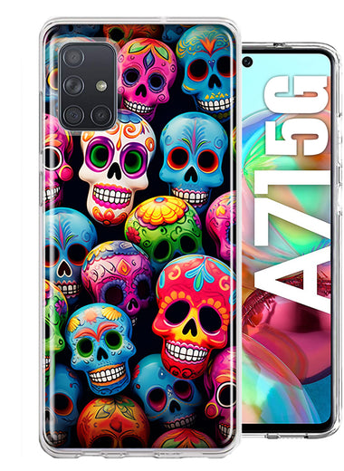 Samsung Galaxy A71 5G Halloween Spooky Colorful Day of the Dead Skulls Hybrid Protective Phone Case Cover