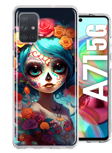 Samsung Galaxy A71 4G Halloween Spooky Colorful Day of the Dead Skull Girl Hybrid Protective Phone Case Cover