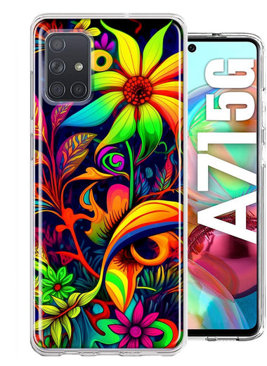 Samsung Galaxy A71 5G Neon Rainbow Psychedelic Trippy Hippie Daisy Flowers Hybrid Protective Phone Case Cover