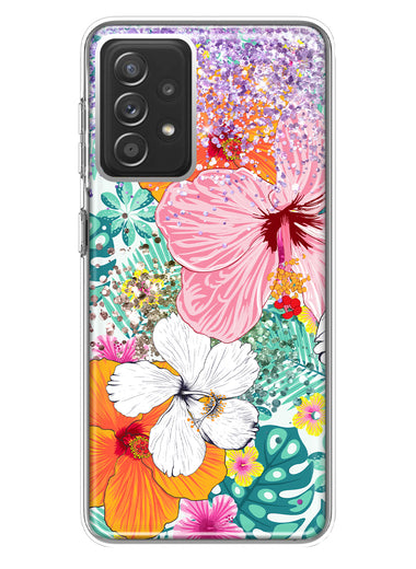 Samsung Galaxy A72 Hawaiian Vibes Hibiscus Flowers Monstera Vacation Summer Hybrid Protective Phone Case Cover