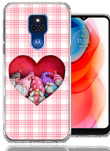 Motorola Moto G Play 2021 Valentine's Day Garden Gnomes Heart Love Pink Plaid Double Layer Phone Case Cover