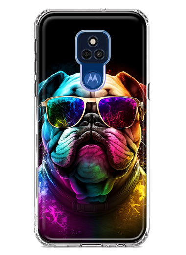 Motorola Moto G Play 2021 Neon Rainbow Glow Bulldog Hybrid Protective Phone Case Cover