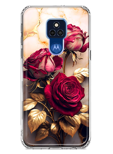 Motorola Moto G Play 2021 Romantic Elegant Gold Marble Red Roses Double Layer Phone Case Cover