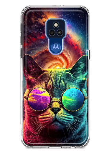 Motorola Moto G Play 2021 Neon Rainbow Galaxy Cat Hybrid Protective Phone Case Cover