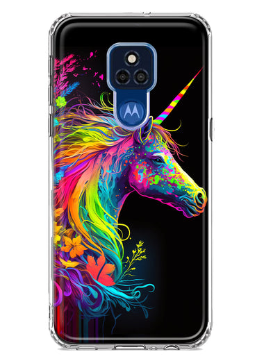 Motorola Moto G Play 2021 Neon Rainbow Glow Unicorn Floral Hybrid Protective Phone Case Cover